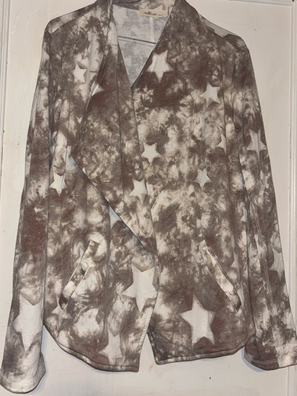 Millibon Taupe and White Star Tie-Dye Open Front Cardigan